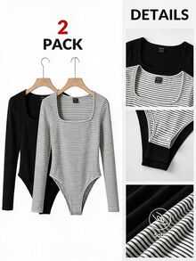 SHEIN BASICS Women's Casual Minimalist Long Sleeve Bodysuit 2pcs Set - Multicolor - View 2