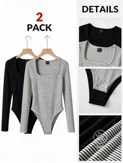 SHEIN BASICS Women's Casual Minimalist Long Sleeve Bodysuit 2pcs Set