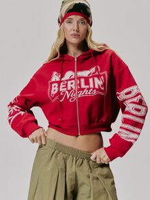 MUSERA Graphic Printed Zip Through Cropped Hoodie Cute Daily Vintage Y2K Back To School Primary - Red - View 2