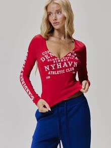 MUSERA Graphic Printed V Plunge Fitted Long Sleeve Top Cute Daily Vintage Y2K Back To School Primary - Red - View 2