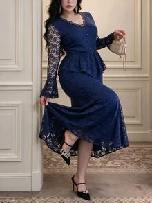 Vibekara Plus Size V-Neck Lace Waist-Cinching A-Line Blouse & Long Skirt 2 Pieces Set Fall - Royal Blue - View 1
