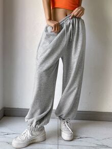 Dazy Tall Quần dài thể thao nữ dáng rộng, cạp chun co giãn, có dây rút và gấu bo, mùa thu - Xám - Xem 6