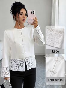 Elenzga Women New Chinese Style Frog Button Satin Jacket, Lace Patchwork Long Sleeve Elegant Party Outerwear, Autumn Winter - Beige - View 1