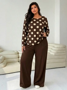 Solflare Setelan Kasual Dua Potong Kaos Lengan Panjang Leher Bulat Motif Polkadot Wanita Ukuran Besar dan Celana Panjang - Pakaian Rumahan Nyaman untuk Musim Gugur/Musim Dingin - Coklat - View 5