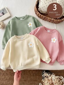 SHEIN 女童 3件組 針織純色圓領寬鬆休閒秋冬衛衣套裝 - 彩色 - 查看 8