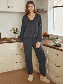 Doze Lane Casual Plush Open Front V-Neck Long Sleeve Long Pants Women's Pajama Set - Dark Grey - View 5