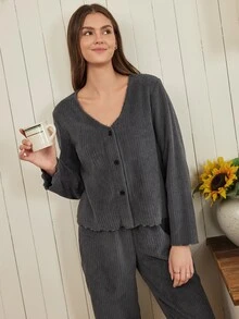 Doze Lane Casual Plush Open Front V-Neck Long Sleeve Long Pants Women's Pajama Set - Dark Grey - View 1