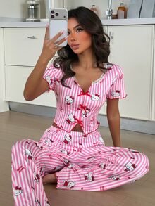 ZzzCrew HELLO KITTY AND FRIENDS | SHEIN Women's Lace Patchwork Bow Decor Top And Cartoon Striped Print Long Pants Pajama Set - Multicolor - View 1