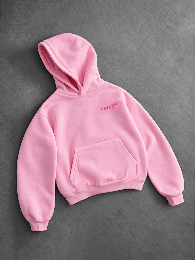 PAVTROS Pink Cropped Hoodie, Front And Back Contrast Towel Embroidery, Small Logo On Chest, Gothic Thorn Embroidery Pattern On Back, Double-Layered Hood With No Drawstring, Classic Kangaroo Pocket, Contrast Ribbed Hem And Cuffs, Loose Boxy Fit, Y2K High Street Style, Unisex, Suitable For Daily Streetwear - Pink - View 2