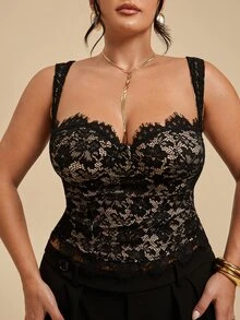 SHEIN BAE CURVE Plus Size Women Sexy Lace Tank Top For Date & Vacation - Black - View 2