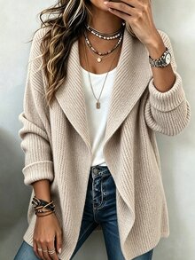 SHEIN 瀑布領落肩開襟衫 - 駝色 - 查看 4