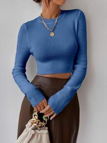 SHEIN Women's Soft Ribbed Cropped Long Sleeve Sweater For Daily Wear - Baby Blue - View 5