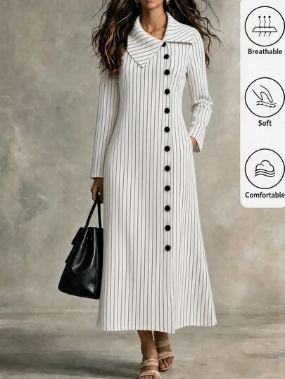 SHEIN Nuevo vestido de cuello alto a rayas de otoño, vestido de manga larga, adecuado para vacaciones, desplazamientos, oficina formal, primavera/otoño, casual, salidas y otras ocasiones.