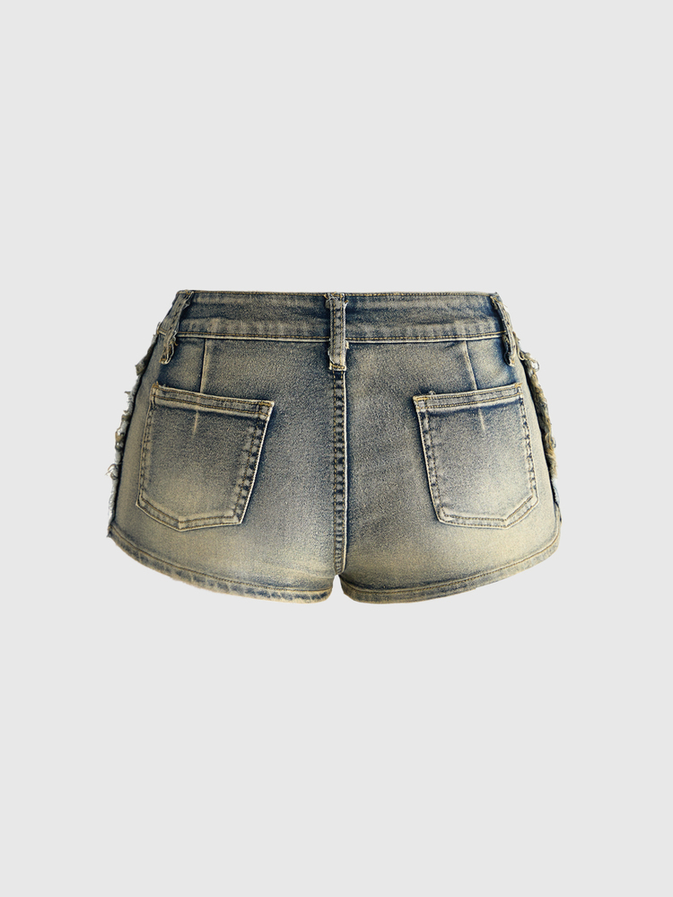 ROMWE Grunge Punk Celana Pendek Denim dengan Sabuk Besar Bergaya Vintage, Warna Kontras Metalik, Gaya Niche yang Seksi - Biru - View 2