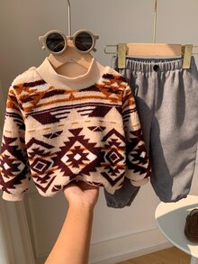 SHEIN 男女嬰兒/幼兒 2件組秋冬保暖內裡加厚可愛毛絨運動衫套裝，嬰兒冬季套裝/衣物，聖誕 - 淺灰色 - 查看 5