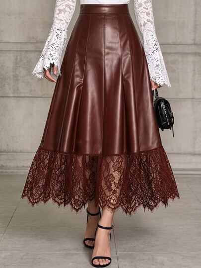 Velvienne Women's Fashion Elegant PU Leather & Contrast Lace A-Line Waist-Cinching Skirt, Early Autumn New Style, Suitable For Dating And Daily Commute