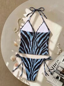 Elavelle Halloween Costume Women's Spring/Summer/Fall Random Print Spaghetti Strap Tank Top Elegant Bikini Set Blue Black Tiger Pattern Going Out Outfit - Multicolor - View 6