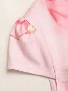 SHEIN 青少年女孩粉色花卉印花立領短袖休閒優雅針織洋裝，中長洋裝 - 粉色 - 查看 5