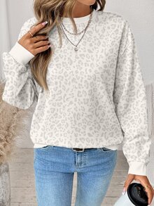 SHEIN LUNE 女款休閒淺色豹紋圓領衛衣，適合秋冬穿著 - 白色 - 查看 3