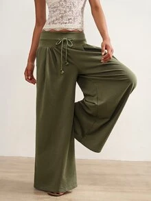 Bohemela Casual Solid Color Knit Wide Leg Women's Pants - Green - View 6