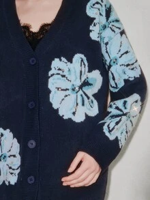 Anewsta Elegant Romantic Long Sleeve Fashionable Commuter Floral Rhinestone Studded Women's Open Front Blouse - Blue - View 2