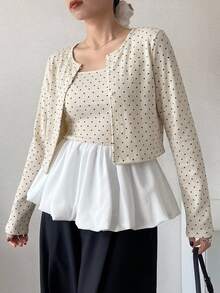 FRIFUL Women's Polka Dot Colorblock Camisole Top And Long Sleeve Cardigan Casual 2 Pieces Set - Beige - View 1