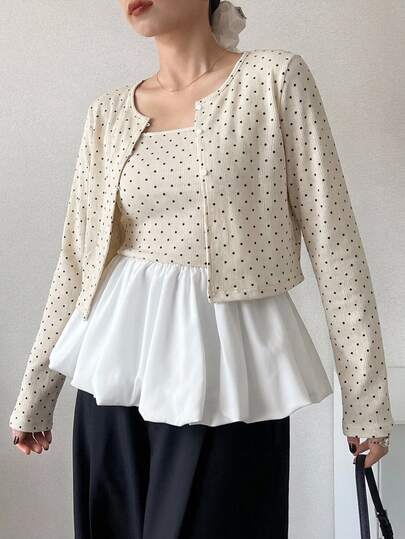 FRIFUL Women's Polka Dot Colorblock Camisole Top And Long Sleeve Cardigan Casual 2 Pieces Set