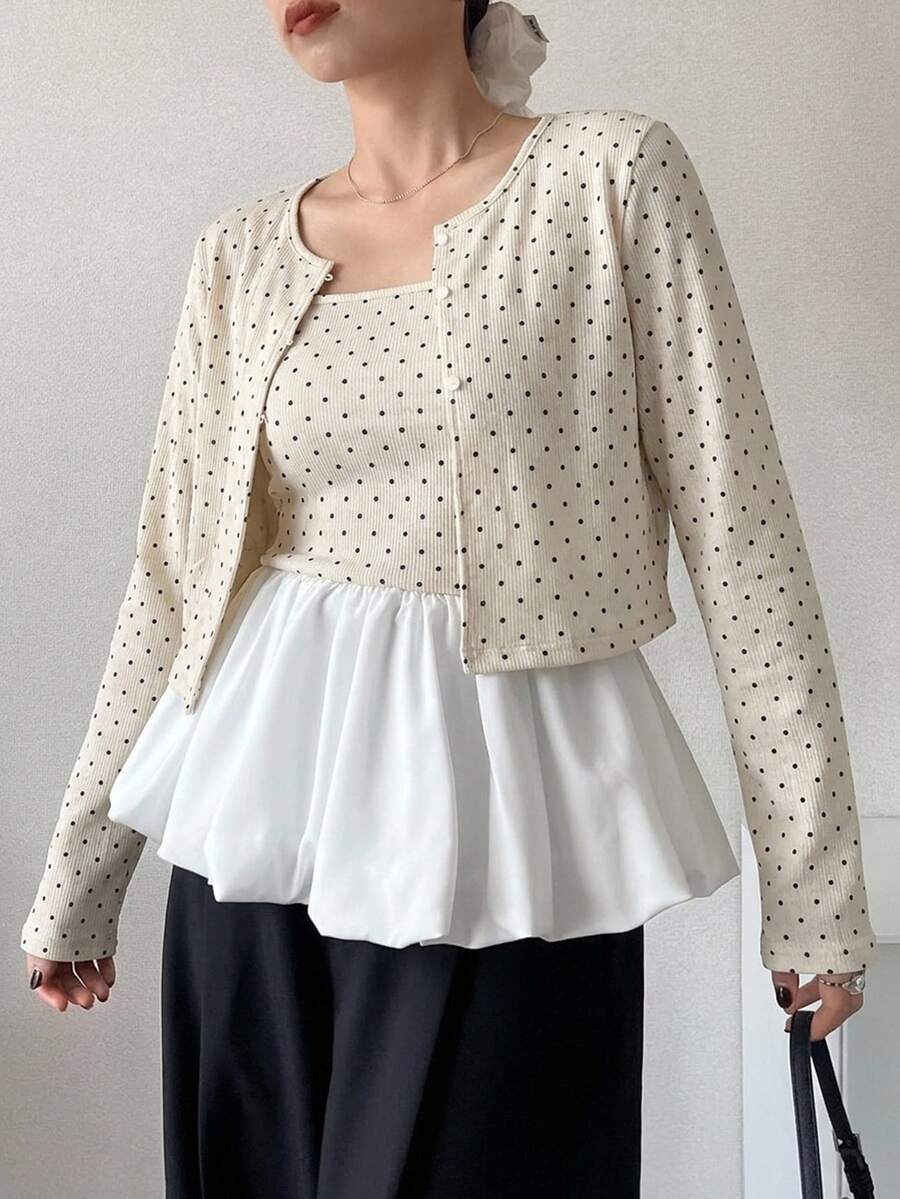 FRIFUL Women's Polka Dot Colorblock Camisole Top And Long Sleeve Cardigan Casual 2 Pieces Set - Beige - View 1