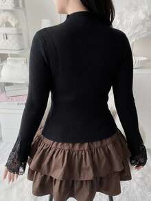 Dazy Plus Early Autumn New Korean Style Split Bell Sleeve Contrast Lace Sweater - Black - View 2