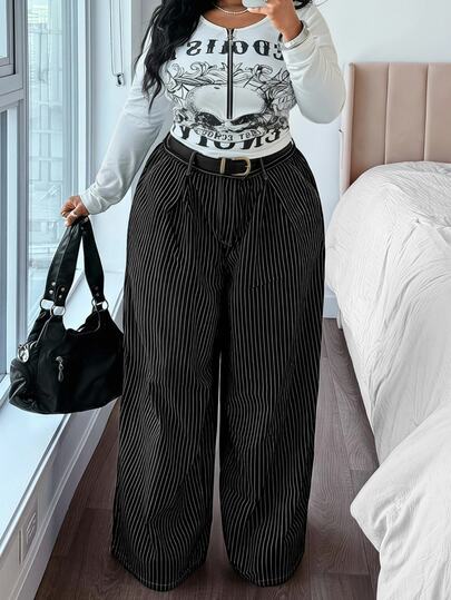 SHEIN Elenzya Plus Size Women's Non-Stretch Straight Leg Denim Jeans With Black And White Striped Print, Cowboy Outfits For Women