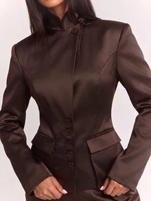 SHEIN BAE Women's Autumn/Winter Loose Casual Commute Dark Gray Striped Blazer Long Sleeve Jacket, Daily Commute Outfit, Social Event Outfit - Rust Brown - View 8