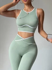 Dewbera Dewbera 女款滾邊短版背心與不對稱腰線運動緊身褲套裝 - 薄荷綠 - 查看 6