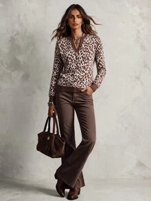 Solivie Women's Autumn/Winter Coffee Brown Leopard Print V-Neck Button Design Sweater - Coffee Brown - View 7
