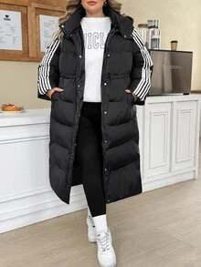 SHEIN CURVE+ معطف طويل مبطن بالريش أسود بقلنسوة وحبل شد، مقاس كبير، مناسب للخريف/الشتاء، بأسلوب العودة إلى المدرسة والكلية، مناسب للاستخدام اليومي والكاجوال متعدد الاستخدامات - الأسود - مشاهدة 3