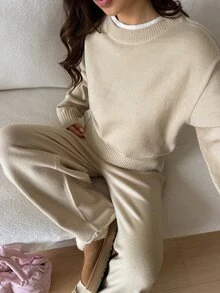 Livesso Women's Solid Color Long Sleeve Top And Pants Knit Two Pieces Set - Beige - View 1