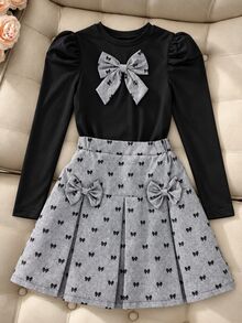 SHEIN Tween Girls Puff Long Sleeve Bow Top And Pleated Skirt Two Pieces Preppy Outfit Set - Multicolor - View 8