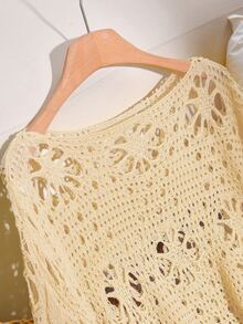 CosyJoli Plus Size Solid Color Hollow Knit Sweater Fall - Light Yellow - View 4