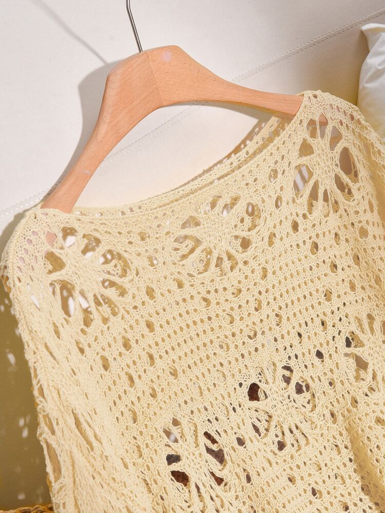 CosyJoli Suéter de punto hueco de unicolor talla grande para otoño - Amarillo claro - Añade 4