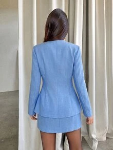 Aloruh 燕麥色V領套裝，金屬裝飾，寬肩顯瘦，專業簡約，上班通勤穿搭 - 淺藍色 - 查看 2