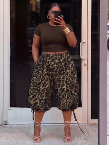 Slaydiva Plus Size Women Leopard Print Pocket Tie Design Casual Capris - Brown - View 6