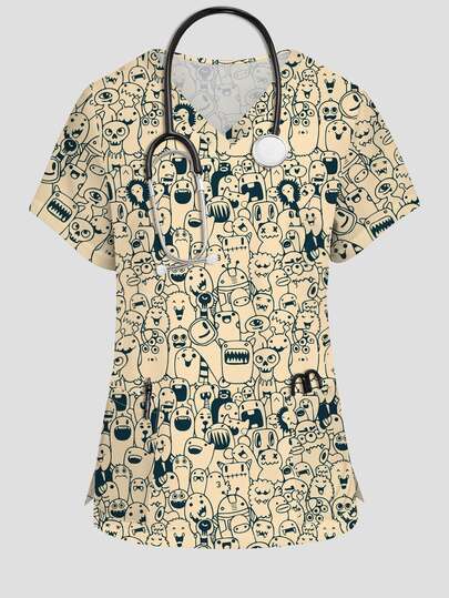 PopScrub Light Apricot Hand-Painted Cute Cartoon Monster Doodle Print Women's Nurse Scrub Uniform Top, Fashionable V-Neck Short Sleeve Design With Double Pockets And Side Slits, Cute Surgical Scrub Top, Scrub Uniform Top