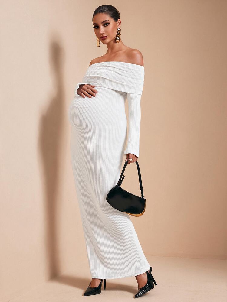 MaterniChic Maternity Fashion Versatile Pleated Cold Shoulder Long Sleeve Dress Fall Party Dress Elegant Party - White - View 6