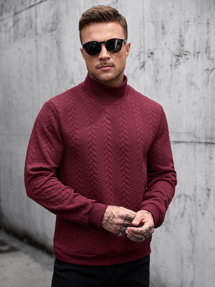 Manfinity CasualCool Men's Textured Stand Collar Long Sleeve Casual Pullover Sweatshirt - Burgundy - View 1