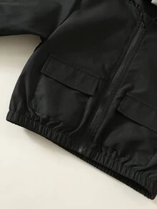 SHEIN 男嬰秋冬純色百搭舒適連帽長袖黑色夾克外套 嬰兒連帽夾克 - 彩色 - 查看 5