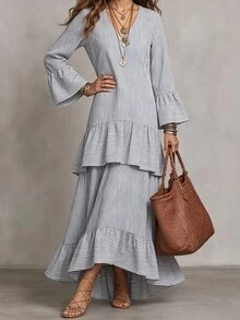 SHEIN Women's Striped V-Neck Casual Party Long Dress - Grey - View 1