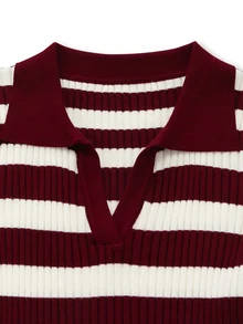 SHEIN Unity Women's Striped Collared Long Sleeve Casual Versatile Sweater - Burgundy - View 3