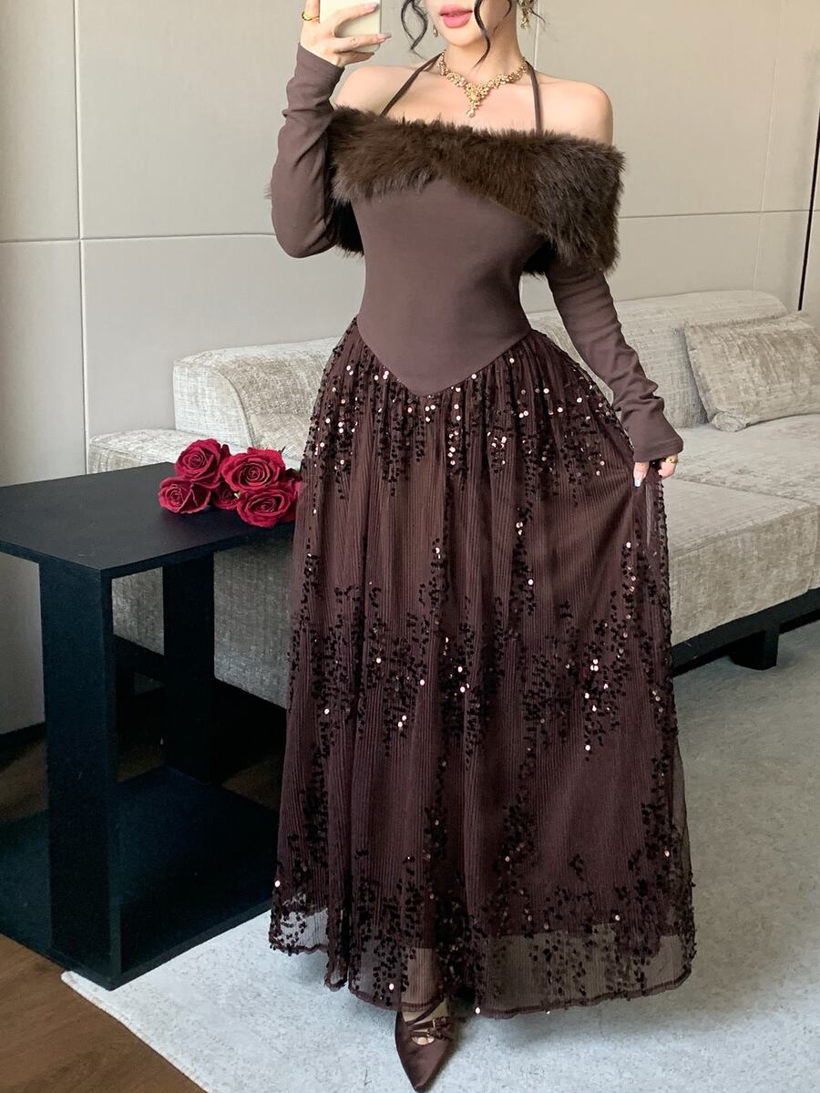 Feyla New Design Off-Shoulder Luxury Heavy Beaded Fur Collar Patchwork Elegant Evening Dress - Brown - View 1