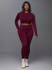 Voyena Women's Plus Size Solid Color Backless Long Sleeve Top And Leggings Casual Daily Sports Set - Purple - View 4