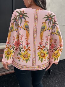 SHEIN VCAY 大尺碼花卉印花缺口V領女式襯衫 - 彩色 - 查看 2