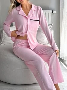 SHEIN طقم بيجامة كلاسيكي بأزرار أمامية وطبعة فيونكة – ملابس علوية ناعم بأكمام طويلة وبنطال مريح بساق مستقيمة - وردي - مشاهدة 5